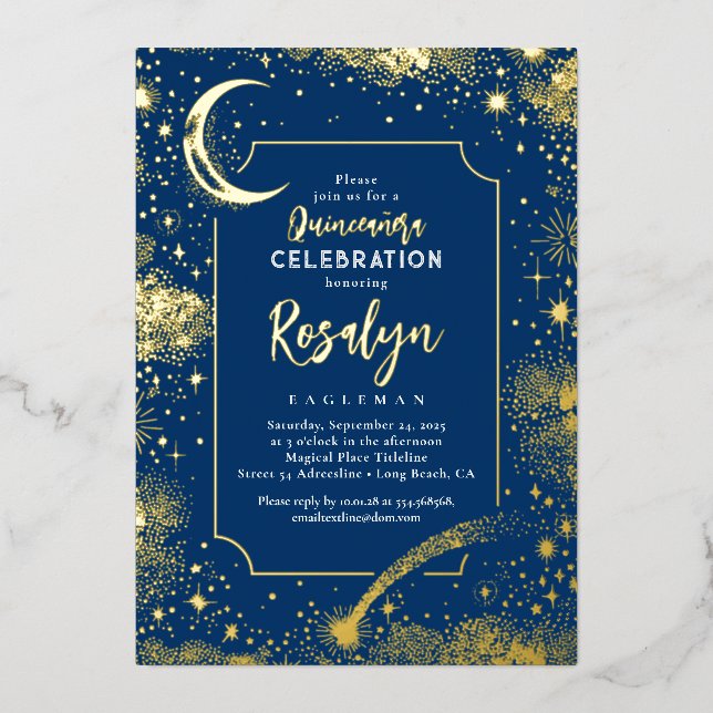 Celestial Gold Stars und Mondnacht Quinceanera Folieneinladung (Vorderseite)