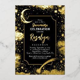 Celestial Gold Stars und Mondnacht Quinceanera Folieneinladung