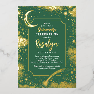 Celestial Gold Stars und Mondnacht Quinceanera Folieneinladung