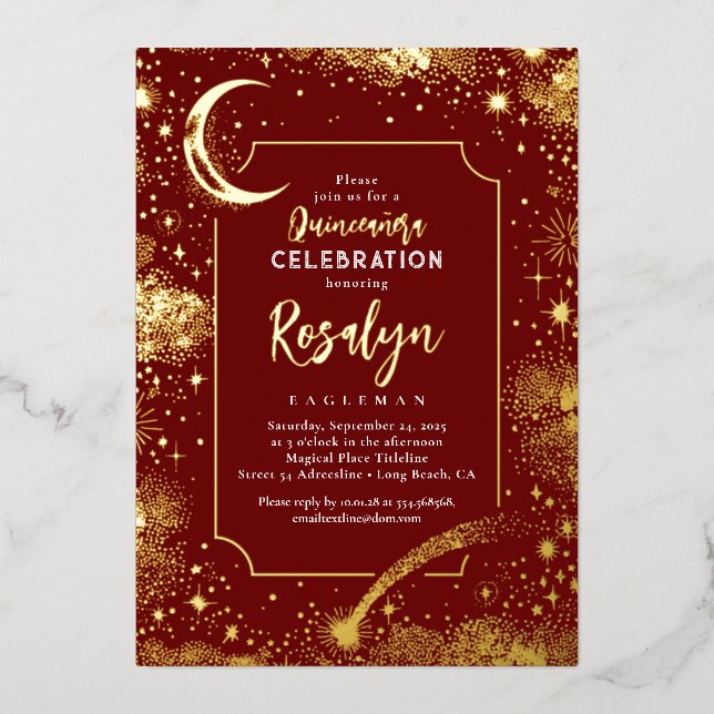 Celestial Gold Stars und Mondnacht Quinceanera Folieneinladung (Vorderseite)