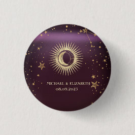 Celestial Gold Sun and Moon Stars Burgundy Button