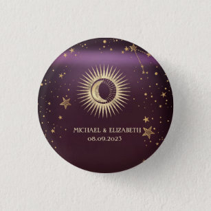 Celestial Gold Sun and Moon Stars Burgundy Button