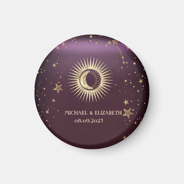 Celestial Gold Sun and Moon Stars Burgundy Magnet (Vorne)