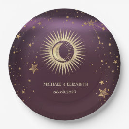 Celestial Gold Sun and Moon Stars Burgundy Pappteller