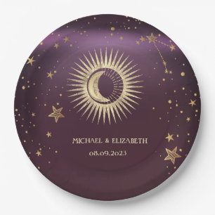 Celestial Gold Sun And Moon Stars Burgundy Pappteller