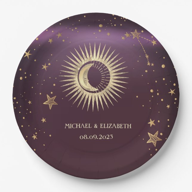 Celestial Gold Sun and Moon Stars Burgundy Pappteller (Vorderseite)