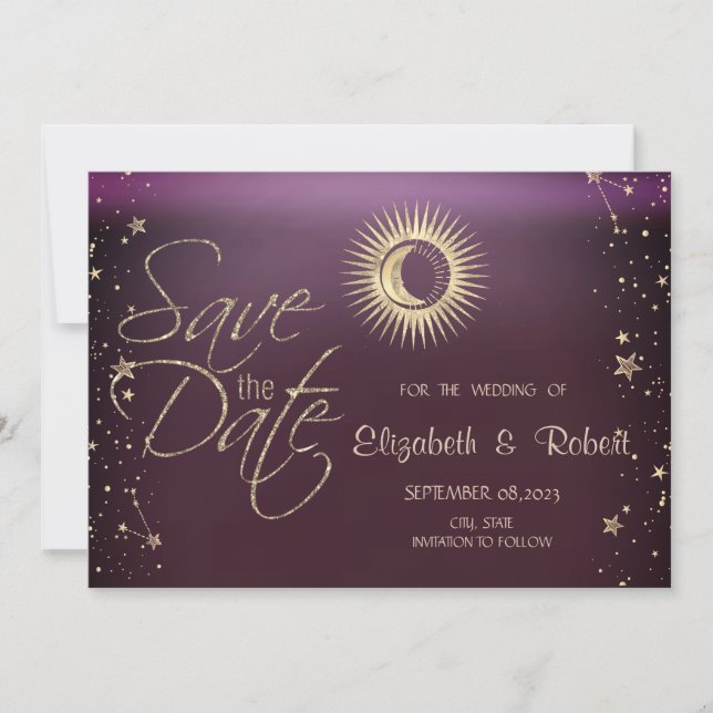 Celestial Gold Sun and Moon Stars Burgundy Save The Date (Vorderseite)