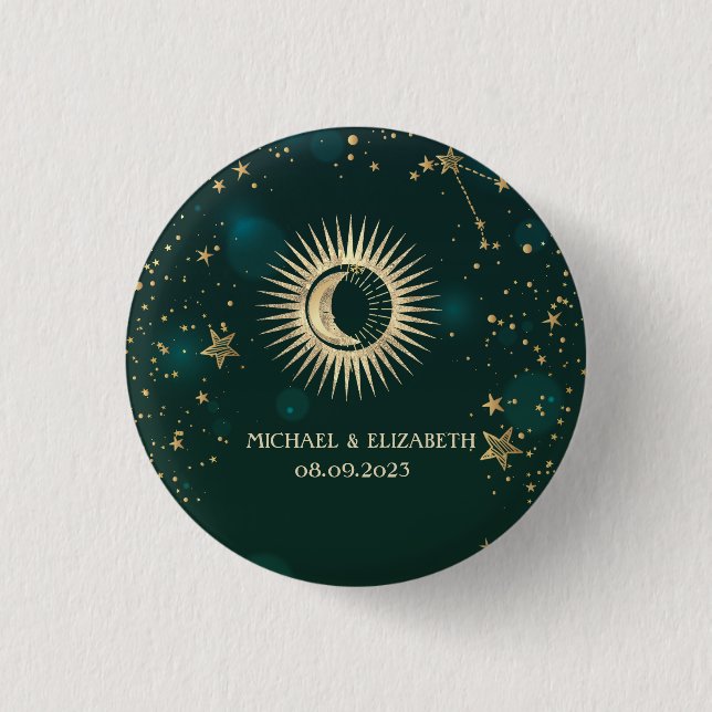Celestial Gold Sun and Moon Stars Green Button (Vorderseite)
