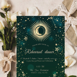 Celestial Gold Sun and Moon Stars Green Einladung