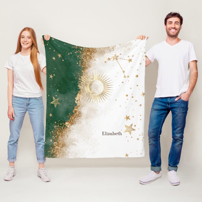 Celestial Gold Sun and Moon Stars Green Fleecedecke (Beispiel)