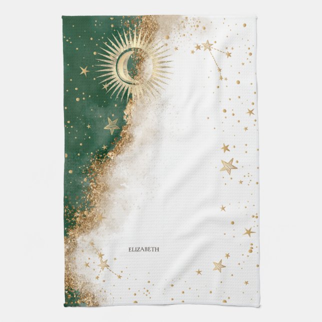 Celestial Gold Sun and Moon Stars Green Geschirrtuch (Vertikal)