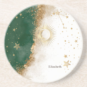 Celestial Gold Sun and Moon Stars Green Getränkeuntersetzer