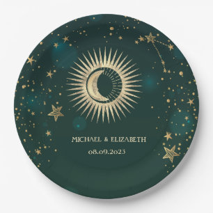 Celestial Gold Sun and Moon Stars Green Pappteller