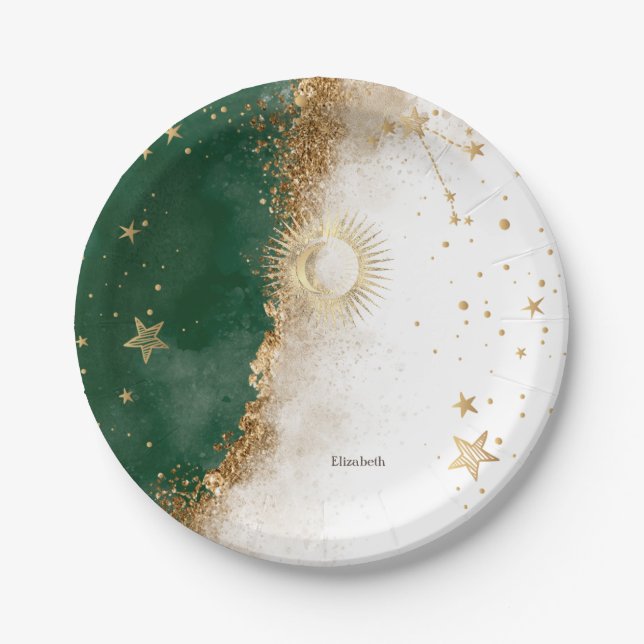 Celestial Gold Sun and Moon Stars Green Pappteller (Vorderseite)