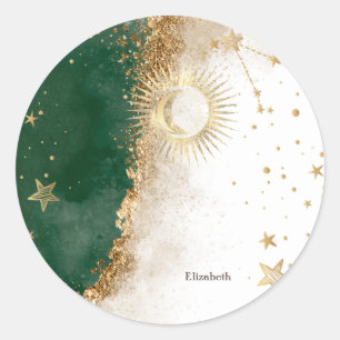 Celestial Gold Sun and Moon Stars Green Runder Aufkleber