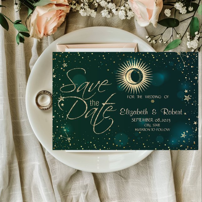 Celestial Gold Sun and Moon Stars Green Save The Date (Von Creator hochgeladen)