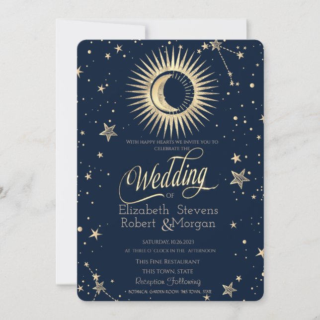 Celestial Gold Sun and Moon Stars Hochzeit Einladung (Vorderseite)