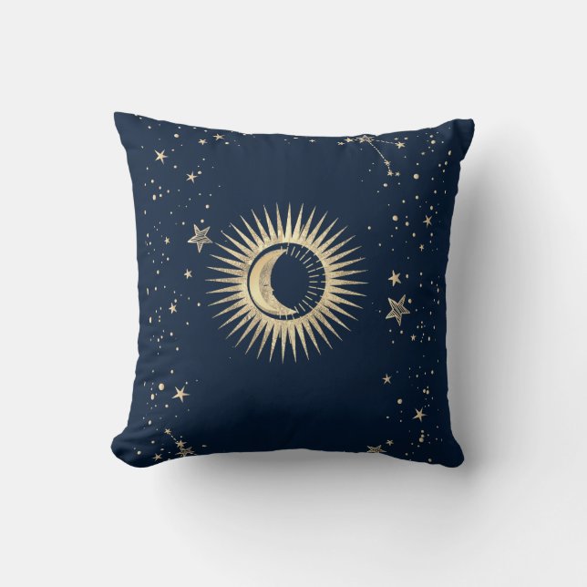 Celestial Gold Sun and Moon Stars Kissen (Vorderseite)