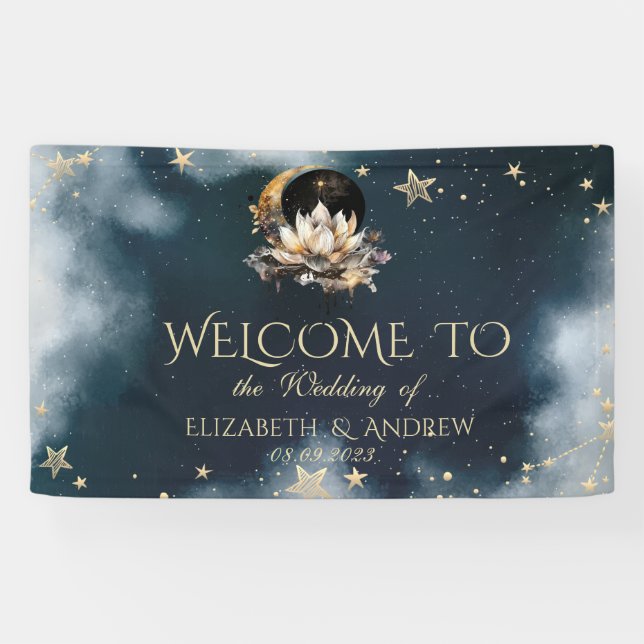 Celestial Gold Sun and Moon Stars Lotus Night Sky Banner (Horizontal)