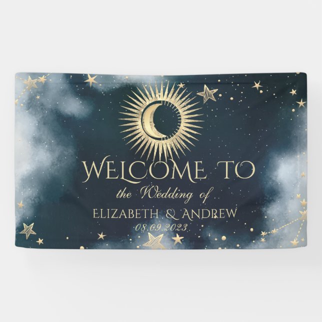 Celestial Gold Sun and Moon Stars Night Sky Banner (Horizontal)