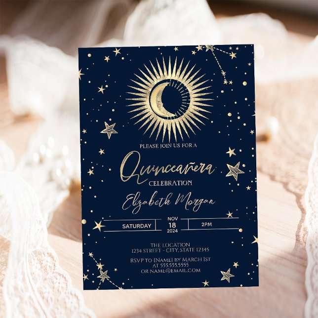Celestial Gold Sun and Moon Stars Quinceanera Einladung (Von Creator hochgeladen)