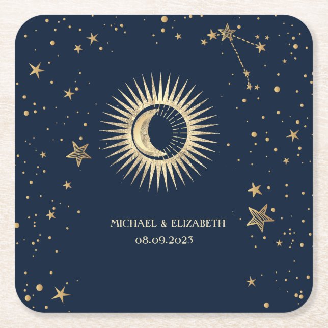 Celestial Gold Sun and Moon Stars Rechteckiger Pappuntersetzer (Vorderseite)