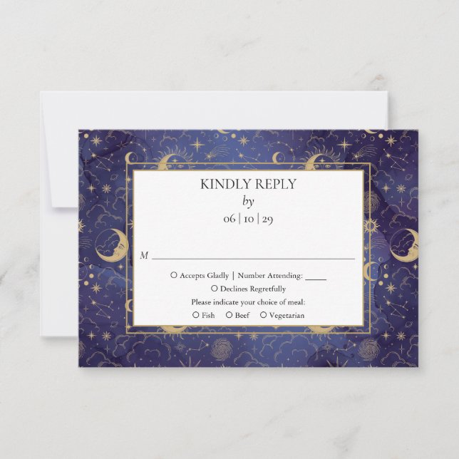 Celestial Gold Sun and Moon Wedding RSVP Karte (Vorderseite)