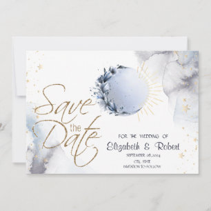 Celestial Gold Sun, Blauer Mond, Sterne Save The Date