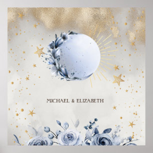 Celestial Gold Sun, Blue Moon Rose Gold Stars Poster