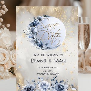 Celestial Gold Sun, Blue Moon Rose Stars Save The Date