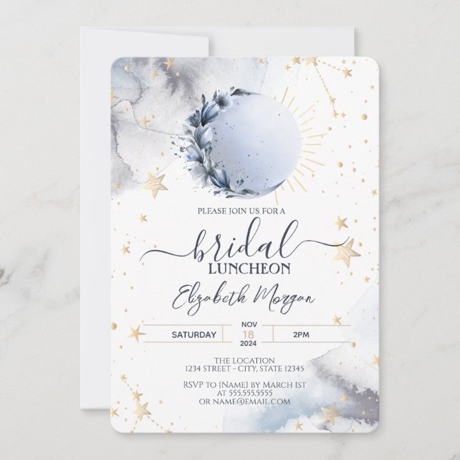 Celestial Gold Sun, Blue Moon, Stars Bridal Lunche Einladung (Vorderseite)