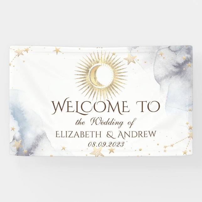 Celestial Gold Sun, Mond, Sterne Banner (Horizontal)