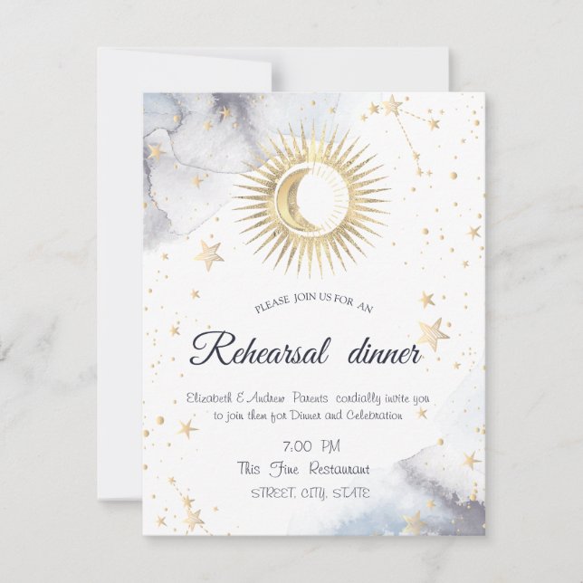 Celestial Gold Sun, Mond, Sterne Einladung (Vorderseite)