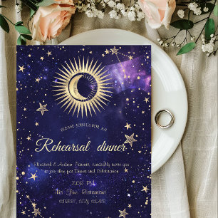 Celestial Gold Sun, Mond, Sterne Lila Einladung
