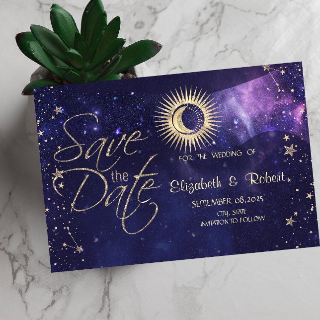 Celestial Gold Sun, Mond, Sterne Lila Save The Date (Von Creator hochgeladen)