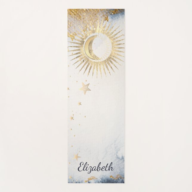 Celestial Gold Sun, Mond, Sterne Wasserfarbe Yogamatte (Vorderseite)
