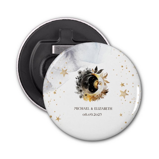 Celestial Gold Sun, Moon, Stars Blume Flaschenöffner (Vorderseite)