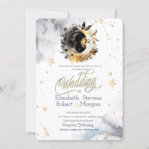 Celestial Gold Sun, Moon, Stars Blume Hochzeit Einladung