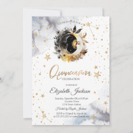 Celestial Gold Sun, Moon, Stars Blume Quinceanera Einladung