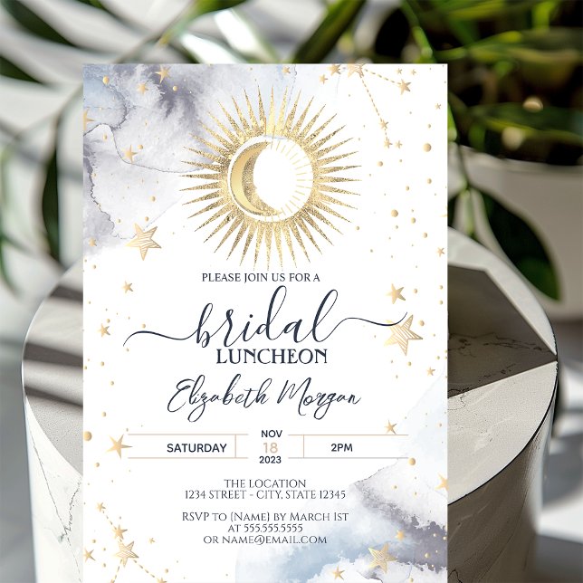 Celestial Gold Sun, Moon, Stars Bridal Luncheon Einladung (Von Creator hochgeladen)