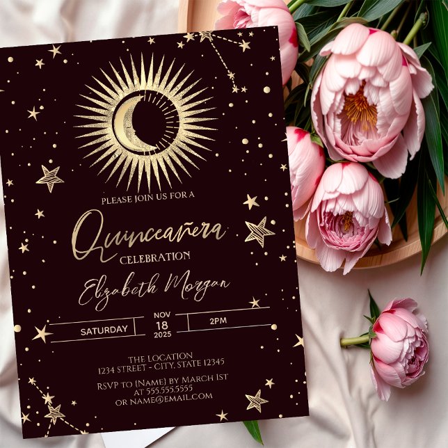 Celestial Gold Sun Moon Stars Dark Quinceanera Einladung (Von Creator hochgeladen)
