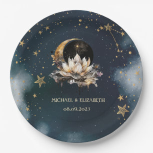 Celestial Gold Sun, Moon, Stars Lotus Night Sky Pappteller
