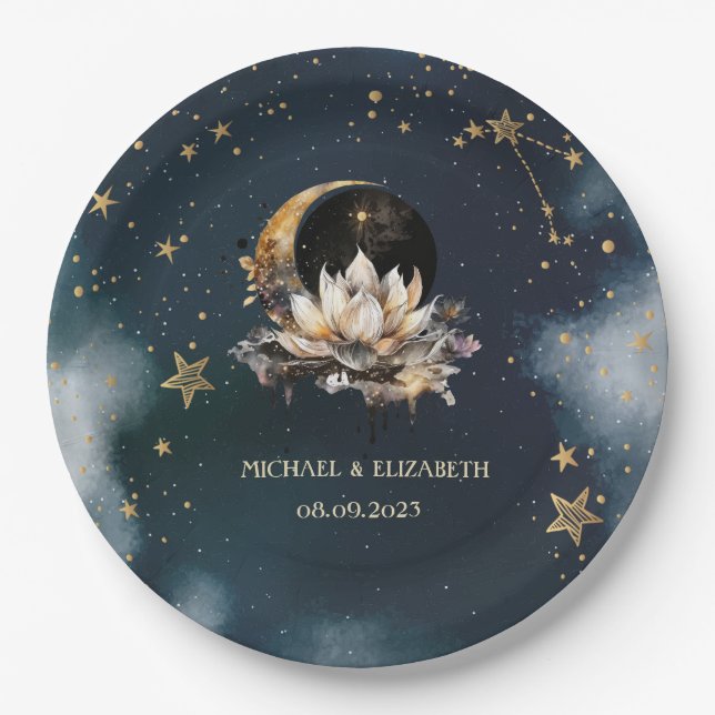 Celestial Gold Sun, Moon, Stars Lotus Night Sky Pappteller (Vorderseite)