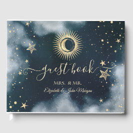 Celestial Gold Sun, Moon, Stars Night Sky Gästebuch
