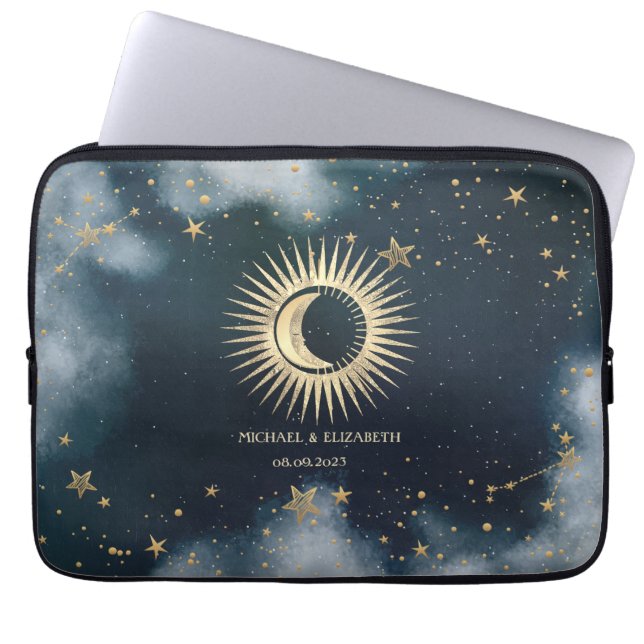 Celestial Gold Sun, Moon, Stars Night Sky Laptopschutzhülle (Vorderseite)