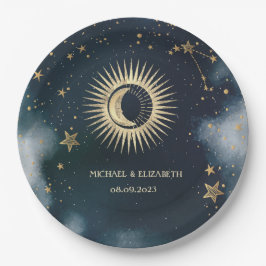 Celestial Gold Sun, Moon, Stars Night Sky Pappteller