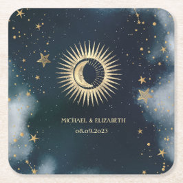 Celestial Gold Sun, Moon, Stars Night Sky Rechteckiger Pappuntersetzer