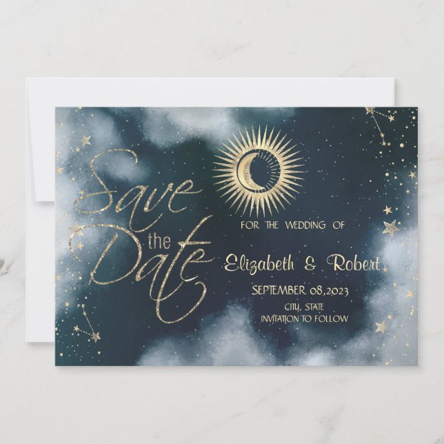 Celestial Gold Sun, Moon, Stars Night Sky Save The Date (Vorderseite)