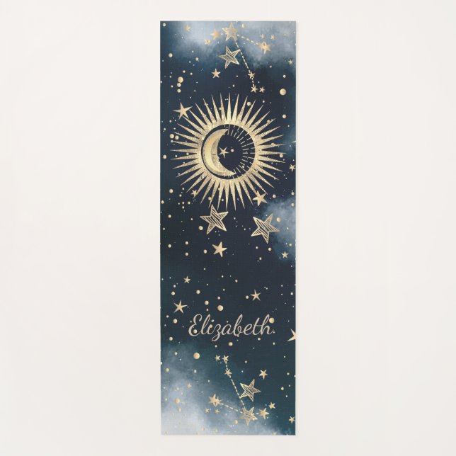 Celestial Gold Sun, Moon, Stars Night Sky Yogamatte (Vorderseite)