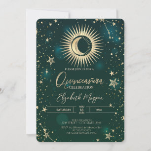 Celestial Gold Sun Moon Stars Quinceanera Einladung